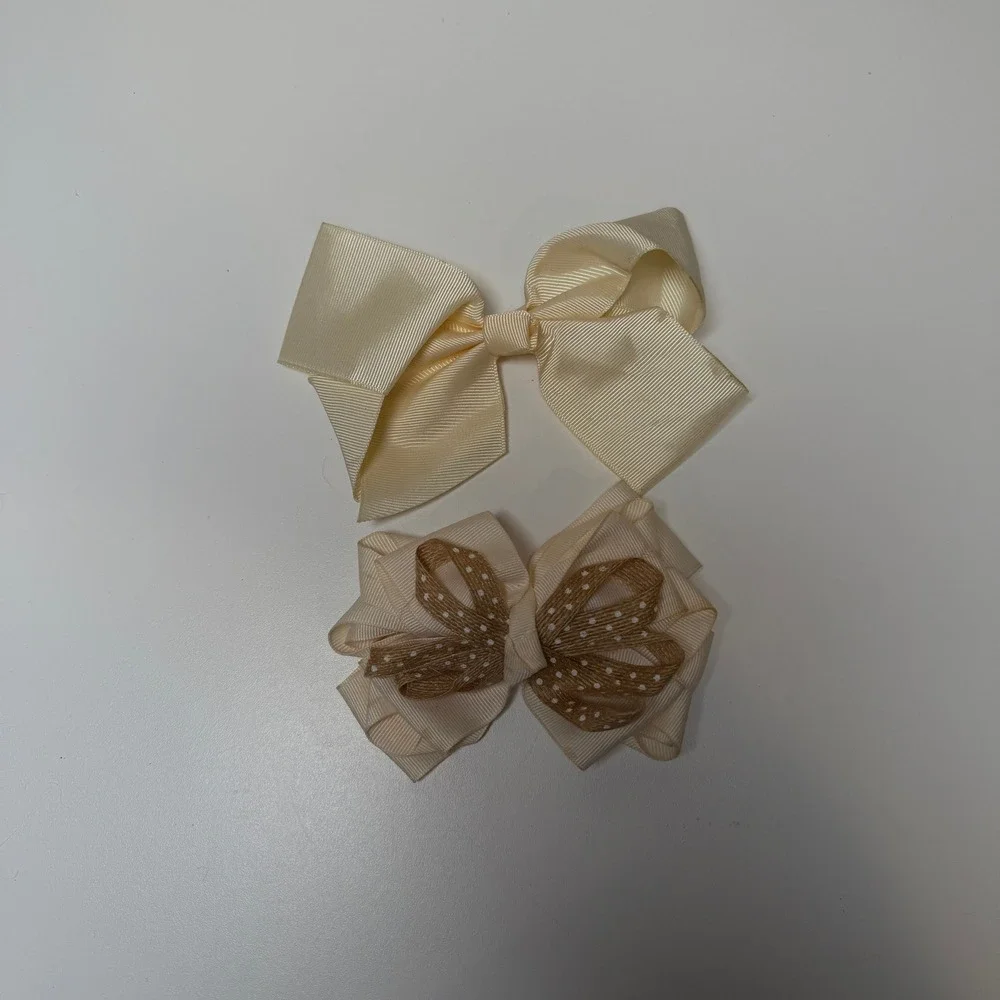 Set of‎ 2 Girls Hair Bows Cream Grosgrain Burlap Polka Dot Clip